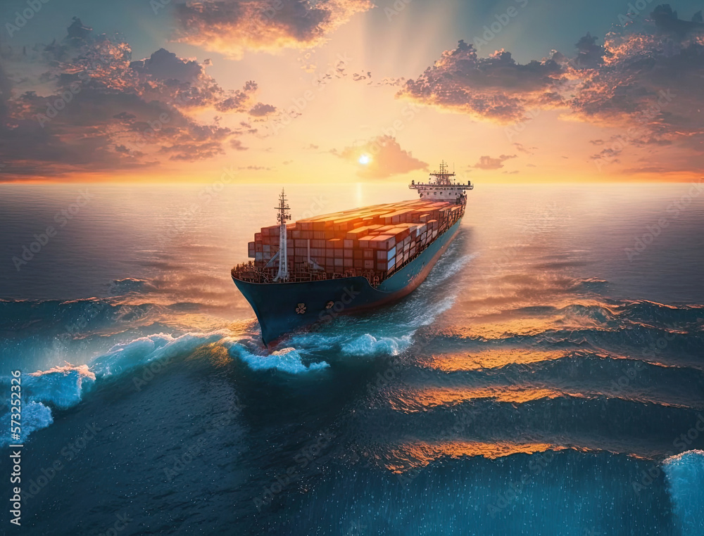 Aerial view to cargo ship with containers on deck in open sea on beautiful  sunset, cargo transportation. Long big cargo vessel carrying export goods  by ocean, reliable cargo carrier, generative AI Illustration