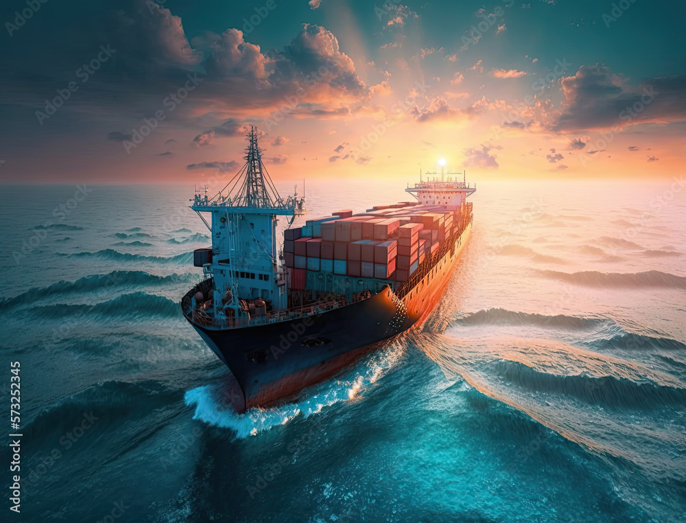 Aerial view to cargo ship with containers on deck in open sea on beautiful sunset, cargo transportation. Long big cargo vessel carrying export goods by ocean, reliable cargo carrier, generative AI - obrazy, fototapety, plakaty 
