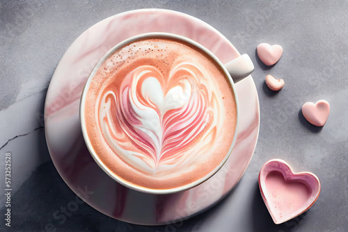 Hot pink hot coffee and heart latte art of love symbol on marble table background.