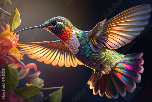 A beautiful color hummingbird drinks nectar from a flower. Ai generative © dreamer82