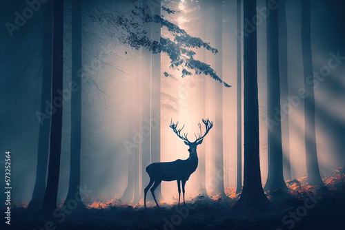 Deer in the foggy forest. AI