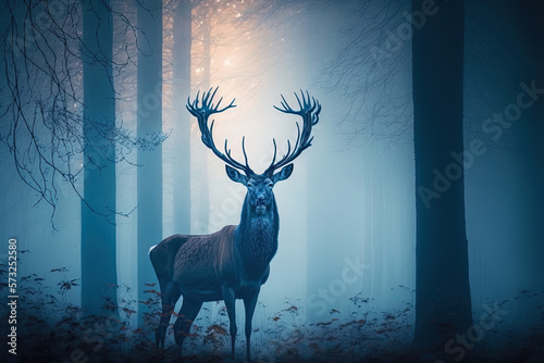 Deer in the foggy forest. AI