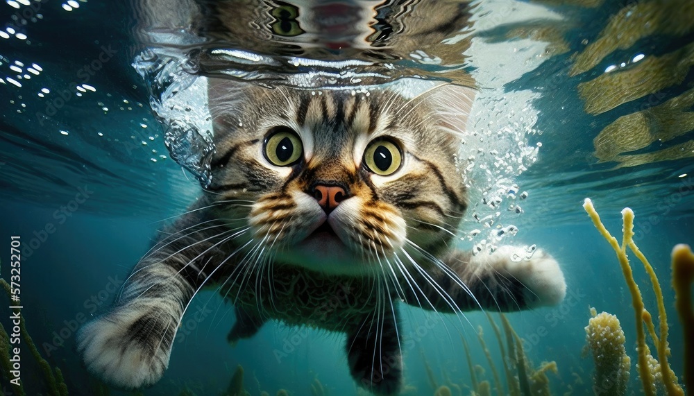 Cat underwater diving in aquarium with turquoise water, funny surprised cat face undersea, brave
