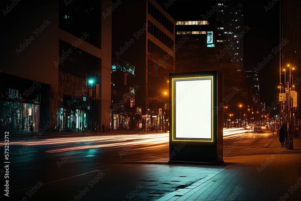 Exhibition light stand on the streets of the night neon city, light box for advertising, signboard. AI