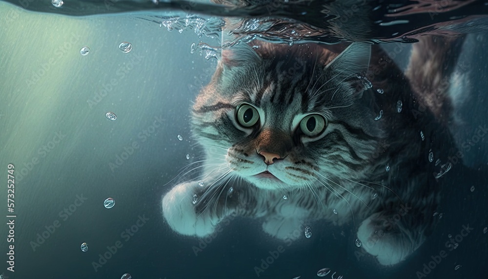 Cat underwater diving in aquarium with turquoise water, funny surprised