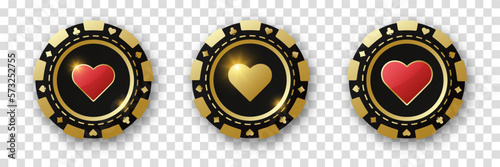 Hearts suit chips. Set of gold and black and red poker chips. Gambling tokens with suits for poker and casino and roulette. Vector illustration. For game design, advertising web banner and poster.