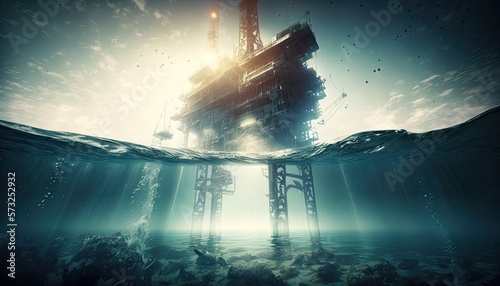 Oil rig platform in open sea on beautiful sunset, offshore oil production platform for extract petroleum and natural gas beneath seabed, underwater view. Big oil offshore platform, generative AI photo