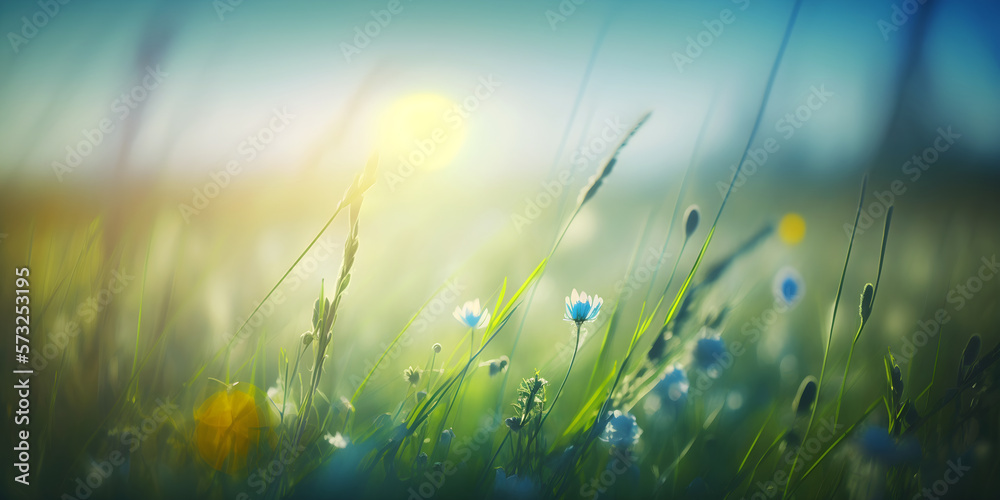 Scenic background Spring summer, wildflower field in nature., juicy green grass on meadow in morning light outdoors, space for copy, panorama landscape, generative, ai