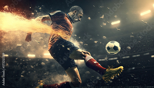 Powerful hit ball with fire trail effect of soccer player at football game, strong soccer ball kicking, world cup soccer championship concept. Man staunchly playing with football ball, generative AI photo