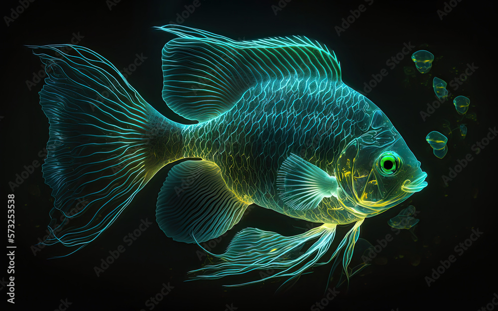 Translucent fish with neon glowing on dark undersea background ...