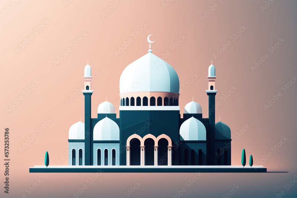Modern and minimalist illustration of a mosque with a solid background. Clean and simple look. Generative AI