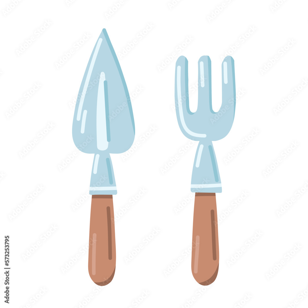Set of gardening tools in flat isolated on white background. Shovel and chopper with wooden handles