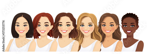 Multiethnic women, different female faces vector illustration isolated on white background