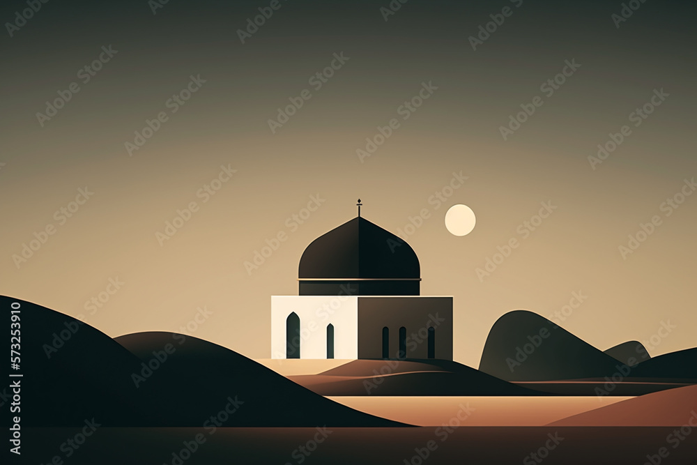 minimalist illustration of a mosque with a solid background. Use clean lines and simple shapes to create an understated yet powerful image. Generative AI