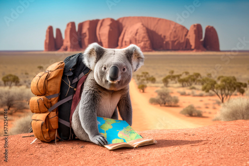 Koala on big adventure with backpack and map AI generated Content
