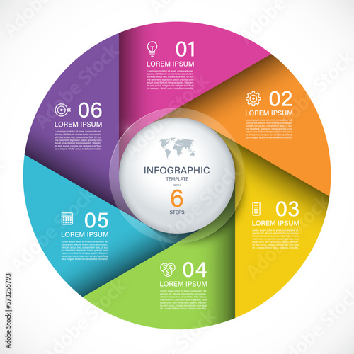 Vector infographic circle. Cycle diagram with 6 steps. Round chart that can be used for report, business analytics, data visualization and presentation.