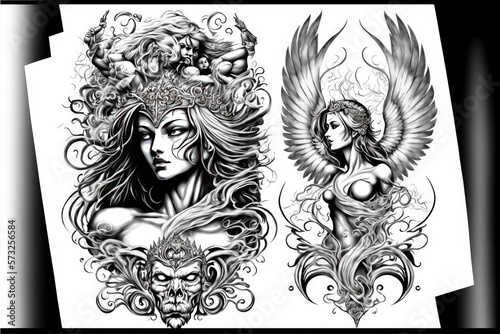 Black and white drawing for a tattoo, an angel girl with wings