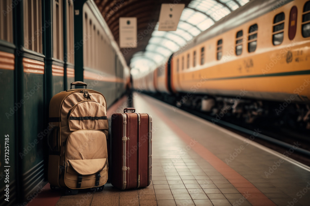 travel by train, travel suitcases baggage with luggage at the railway  station . illustration Generative AI Stock Illustration | Adobe Stock
