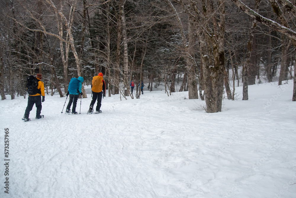 雪山でスノートレッキングを楽しむ人々