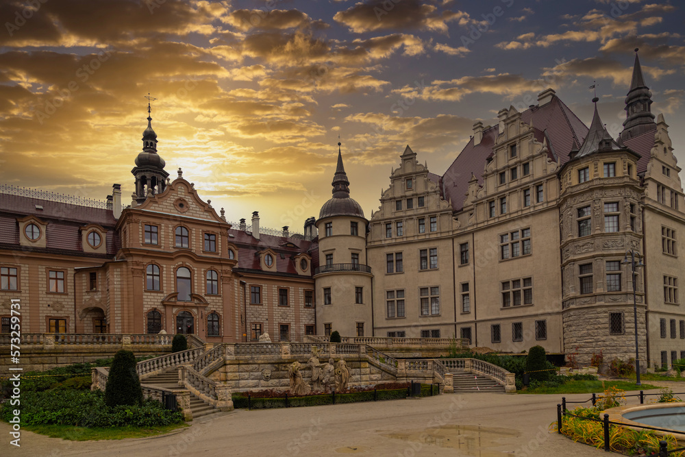 The ancient Moszna castle and palace outdoors, closeup. Poland