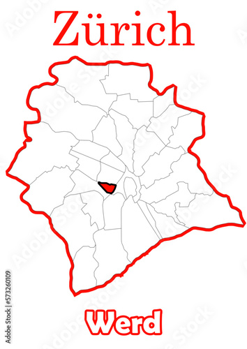 Schweiz - Zürich Stadtkarte mit Stadtteil Werd hochauflösende Vektorkarte