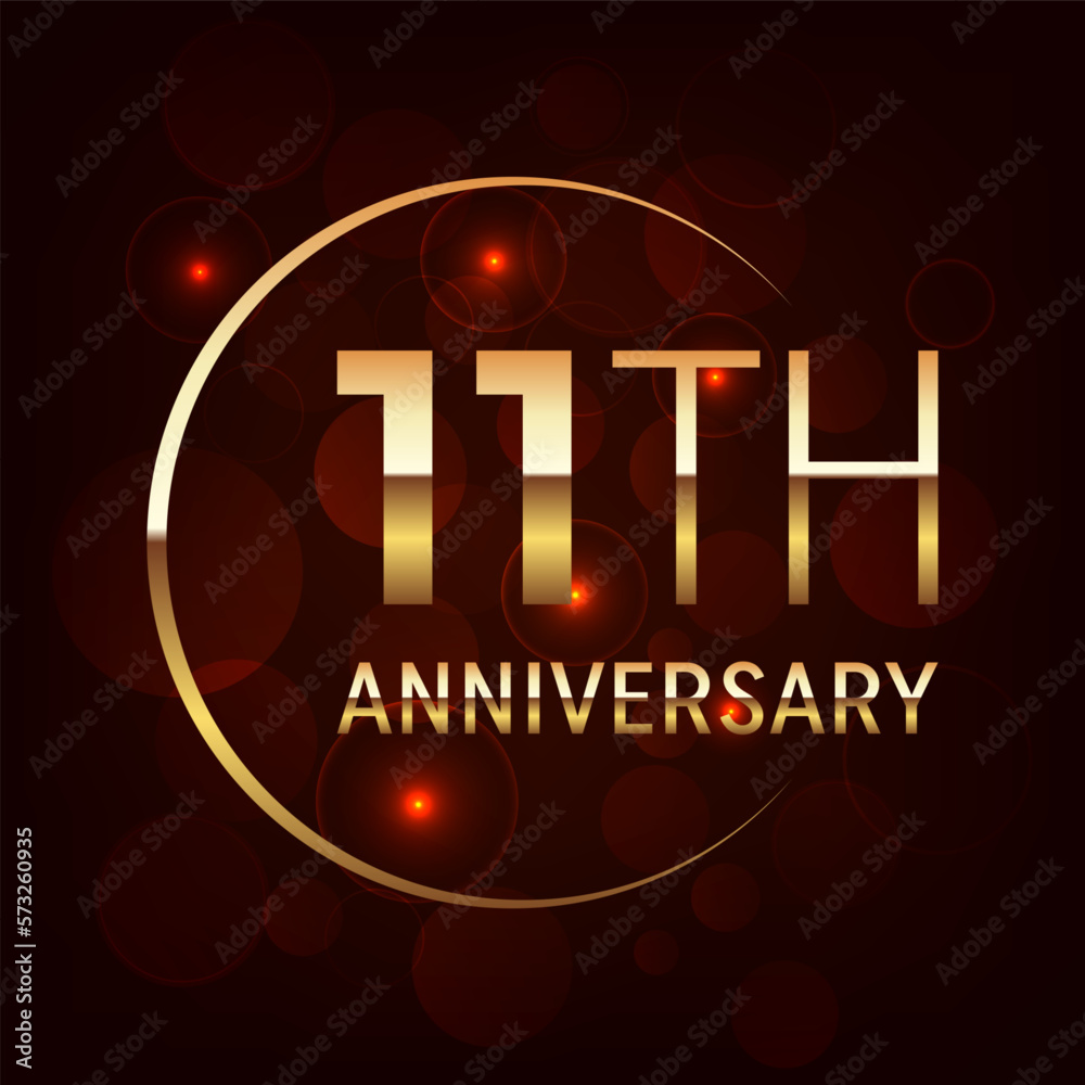 11th Anniversary logo design with golden number and text for anniversary celebration event, invitation, wedding, greeting card, banner, poster, flyer, brochure, book cover. Logo Vector Template