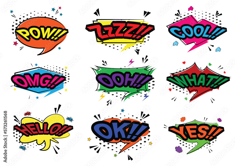 comic word comic speech bubble with zap pow wtf boom text comic pop art balloons vector set Stock Illustration