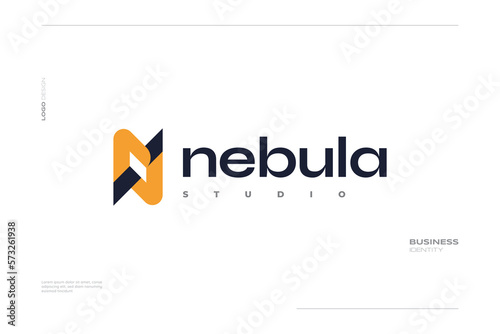 Abstract and Simple Letter N Logo with Black and Orange Color Combination for Business or Technology Brand Identity