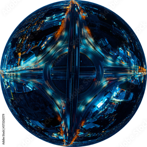 360 Degree Stereographic projection of Expressway top view, Road traffic an important infrastructure in Thailand. Night scene.