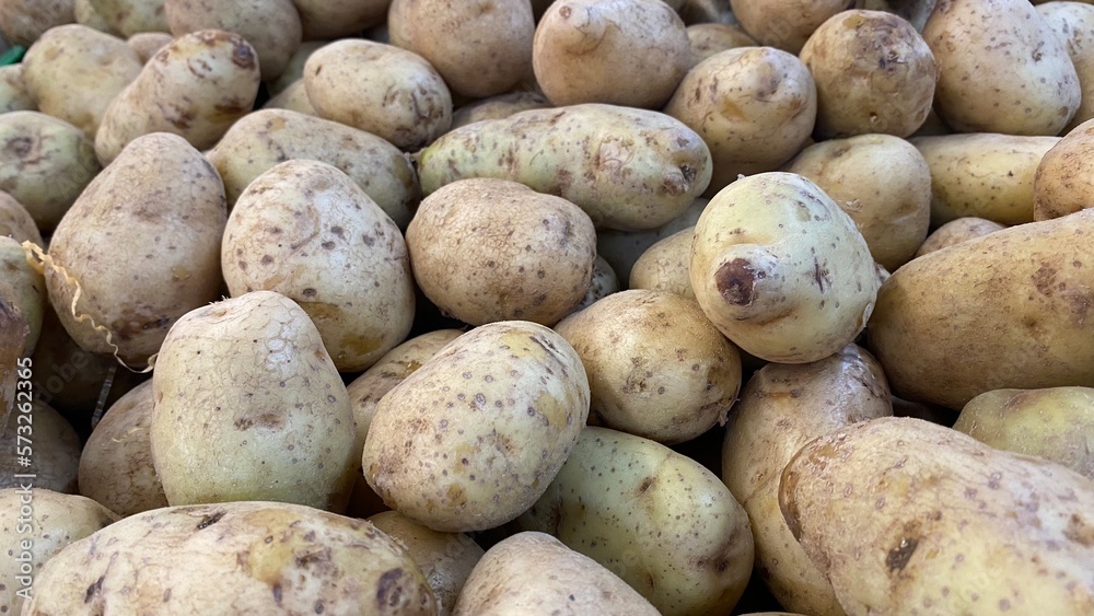 Fresh harvested pottatoes on supermarket stall Fresh harvested pottatoes on supermarket stall