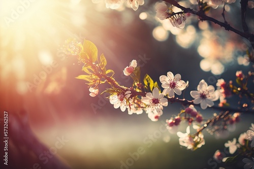 Spring blossom background. Nature scene with blooming tree and sun flare. Spring flowers. Beautiful orchard