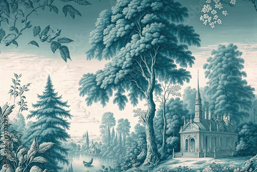 Toile de Jouy pattern background in light blue and white with a pastoral theme including a river, trees, nature and a manor building. Created with Generative AI. photo