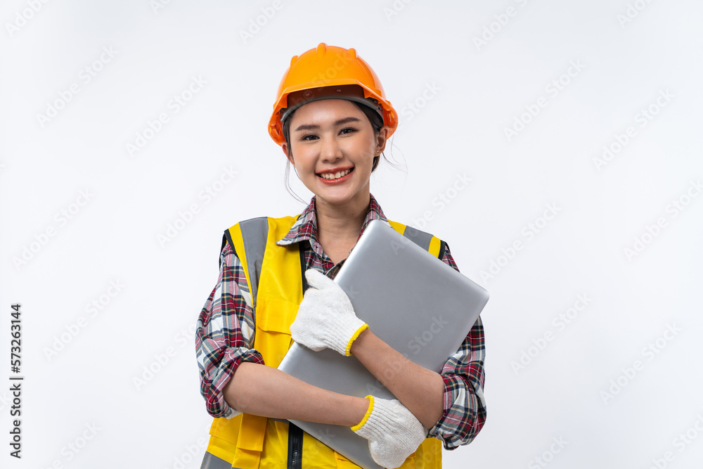 Happy Asian woman engineer and safety helmet with laptop isolated on white background. Happy Asian woman engineer and safety helmet with laptop isolated on white background.