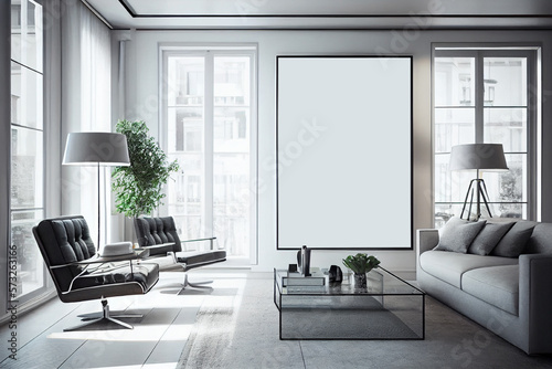Interior design of a modern living room with a big blank poster frame above a sleek glass coffee table and a contemporary accent long sofa and armchair | Modern & luxurious living room | Generative Ai