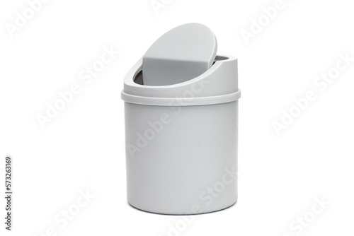 Small gray trash can isolated on white background, office paper bucket