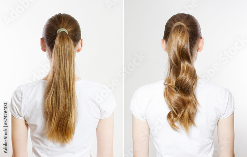 Closeup before-after straight curly wavy high ponytail back view isolated on white background. Quick and easy Hair-styles for dirty long hair. A young woman with blond tied ponytail. Lazy hairstyles.