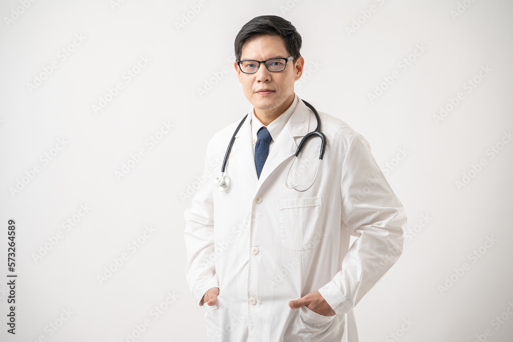 Portrait of confident Asian Doctor in glasses with stethoscope isolated on white background