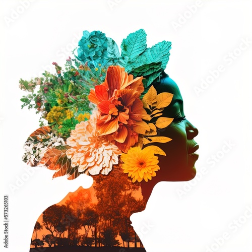 Surreal double exposure image of woman and flowers. Great for ads, book covers, posters and more.