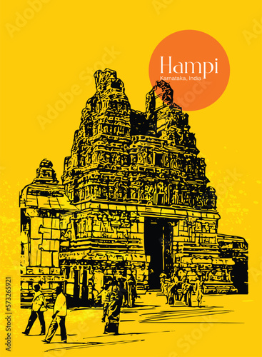 Gopuram of Virupaksha Temple, Hampi, Karnataka India vector hand drawing illustration