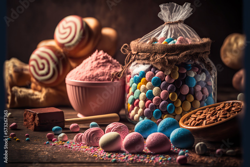 Delicious pastry and confectionery products. Different sweets. AI generative image. © vlntn