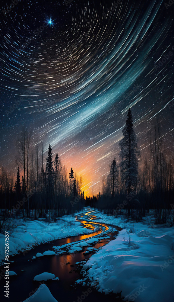 Breathtaking landscape with starry night sky and coniferous forest silhouette. Long exposure star trails. AI generative image.