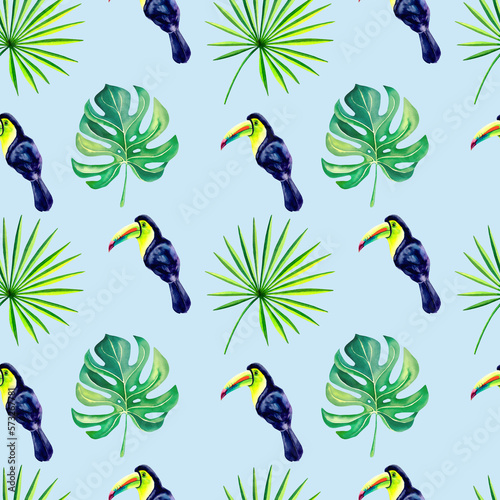 Rainbow toucan and monstera pattern. Watercolor illustration. Tropical birds. Tropical flora.