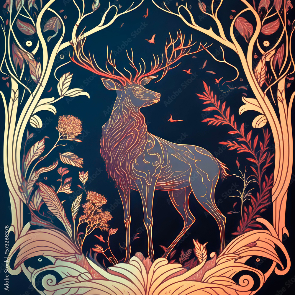 painting of a deer surrounded by trees with mucha and art nouveau style ...