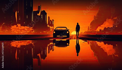 A surreal view of a reflection of an urban sunset showing a single figure, car and urban structures in the warm orange light of sunset generative ai