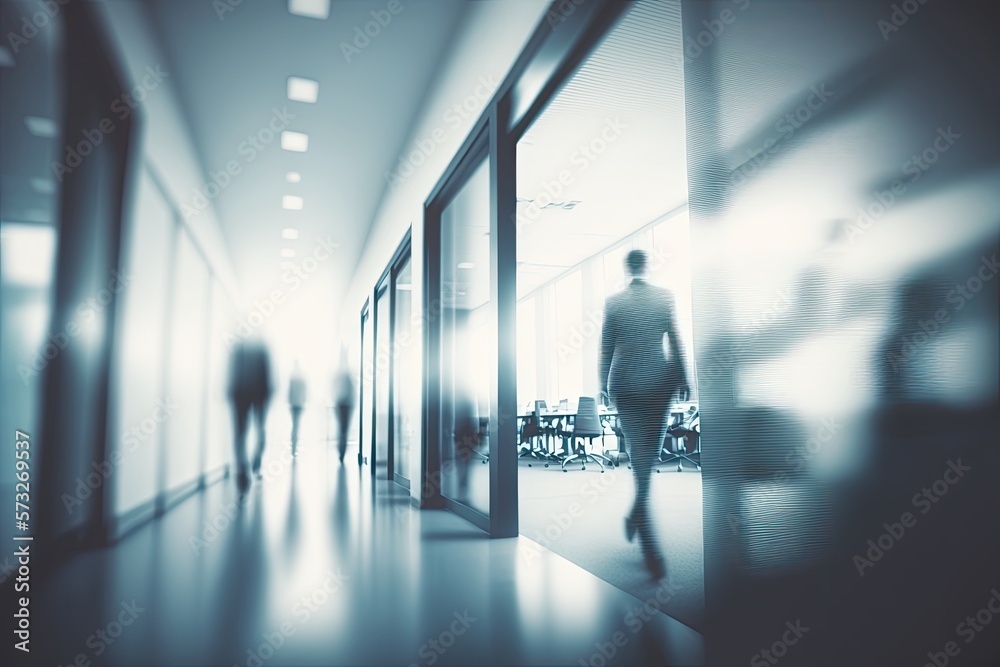 Abstract blurred office hall interior and meeting room. Blurry corridor in working space with defocused effect generative ai