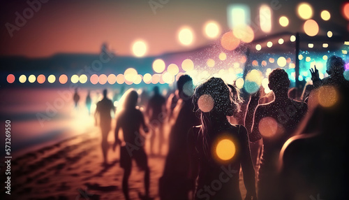 Night beach party with blurred dancing crowd of people having fun. AI generative image.