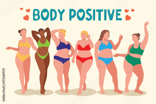 I love my body. Body positive, plus size girl, overweight woman stretching. For Fat acceptance movement, curvy girl in swimwear, bathing suits. Vector illustration.