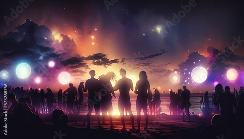 Night beach music party with blurred dancing people at the background. AI generative image.