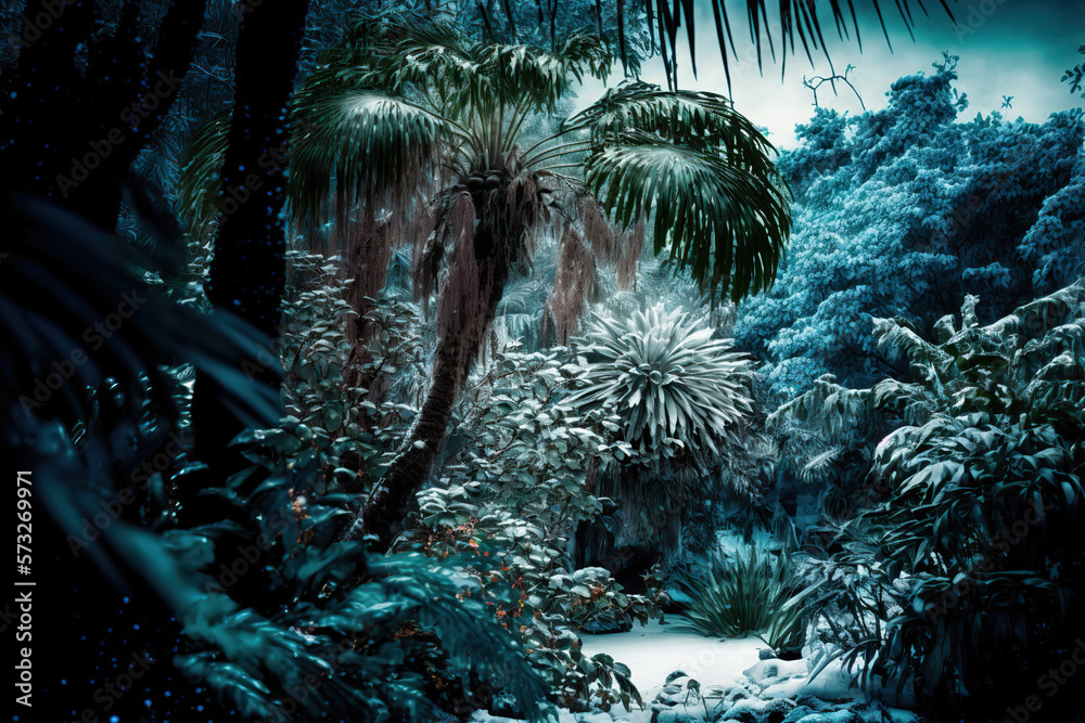 Illustration of frozen jungle or rainforest. Snow on tropical trees and