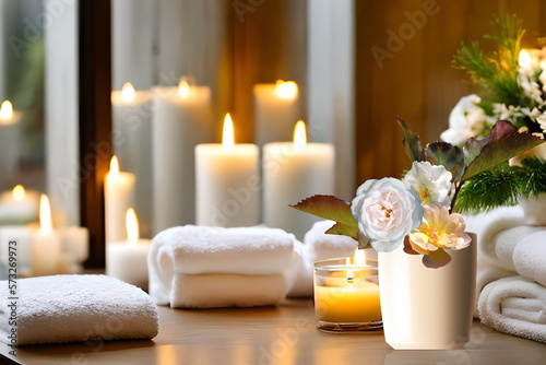  spa salon in pink soft lighting Candles,roses , roses flowers, aromatherapy, soft candle light, cozy meditation ,Valentine day background 